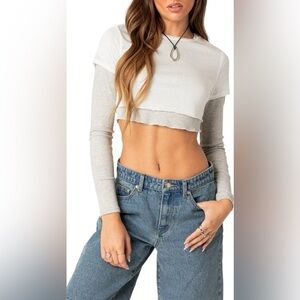 Edikted Layered Long Sleeve Crop Top in White and Gray, Size Small.